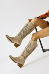 Fizaro Beige Pointed Toe Embroidered Stud Detail Western Boots