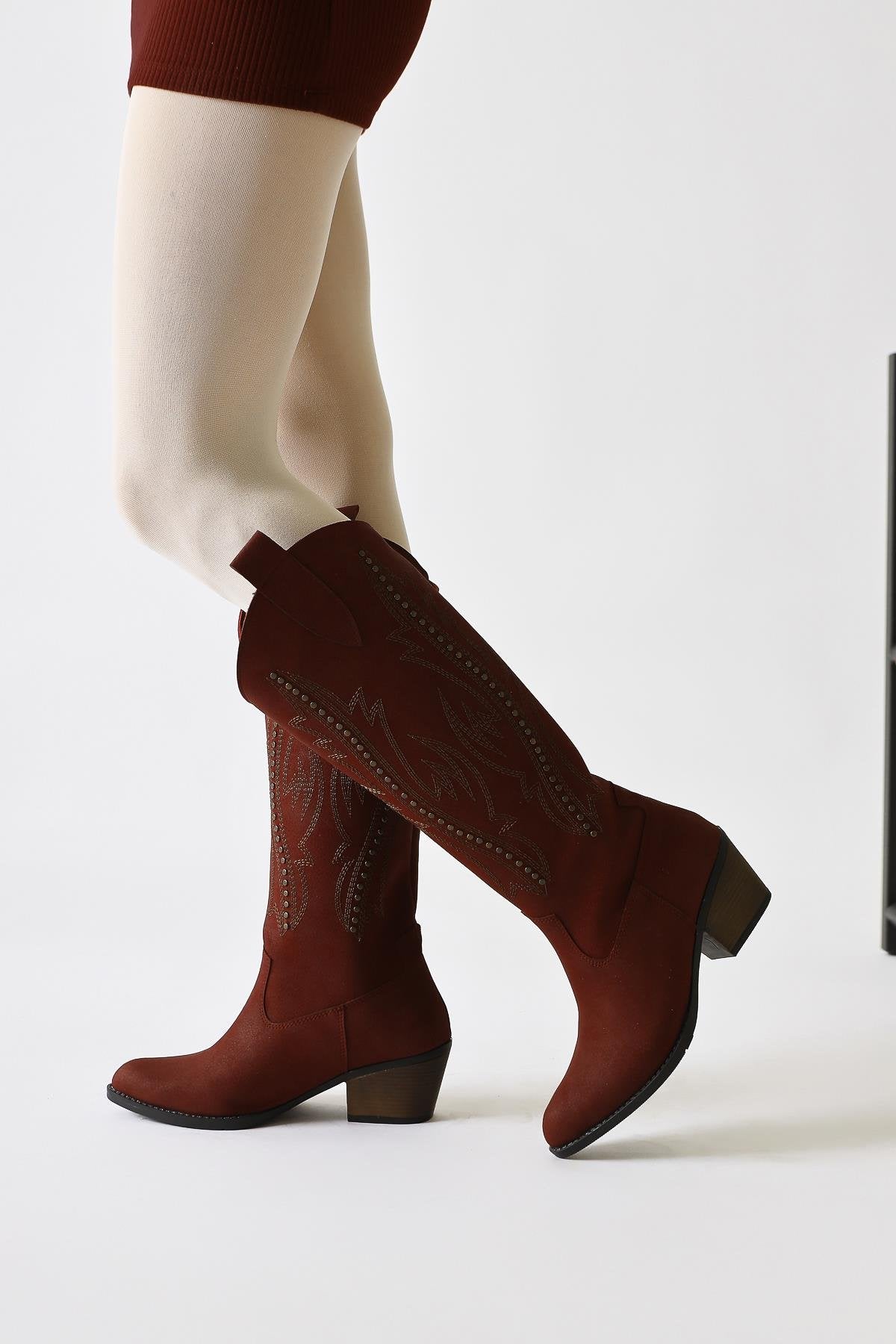 Fizaro Claret Red Pointed Toe Embroidered Stud Detailed Western Boots