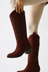 Fizaro Claret Red Pointed Toe Embroidered Stud Detailed Western Boots