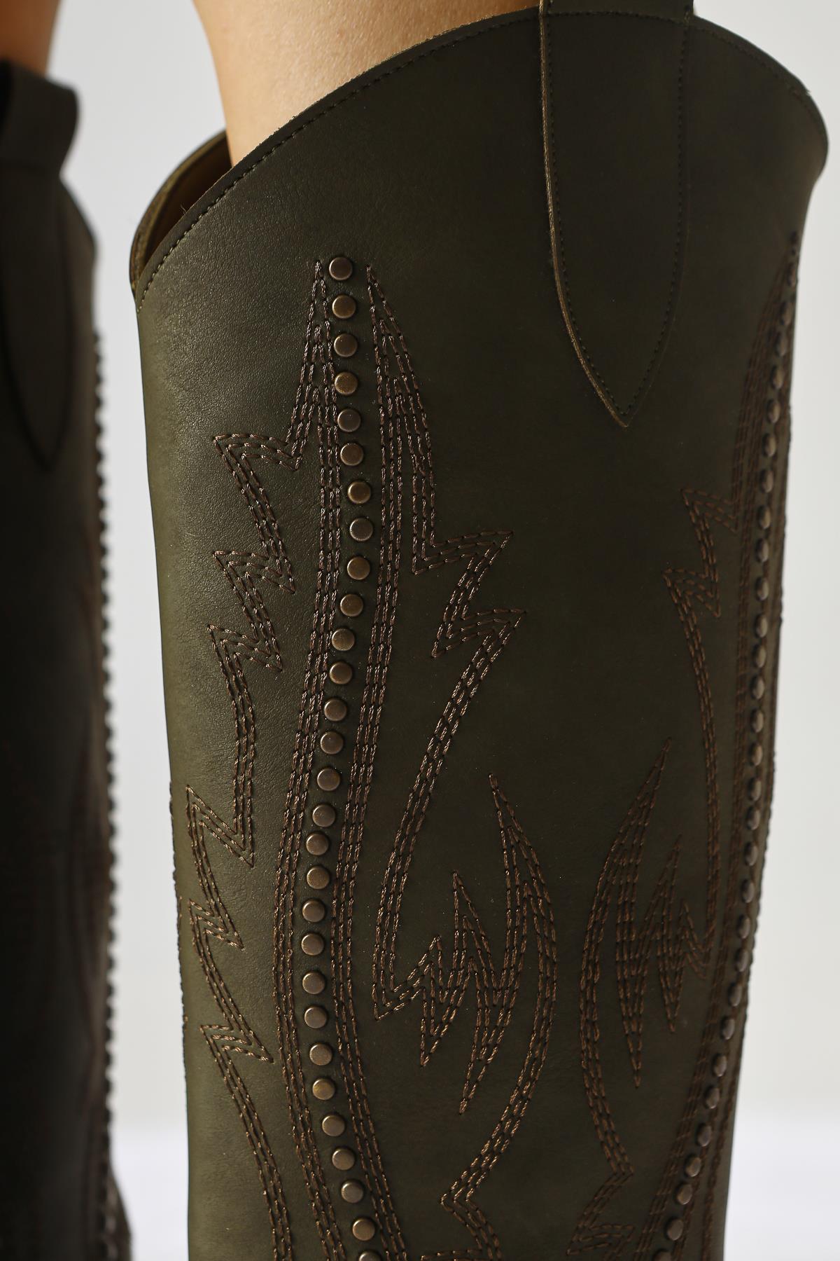 Fizaro Khaki Pointed Toe Embroidered Stud Detail Western Boots