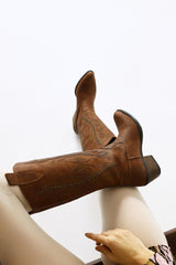 Fizaro Brown Pointed Toe Embroidered Stud Detailed Western Boots