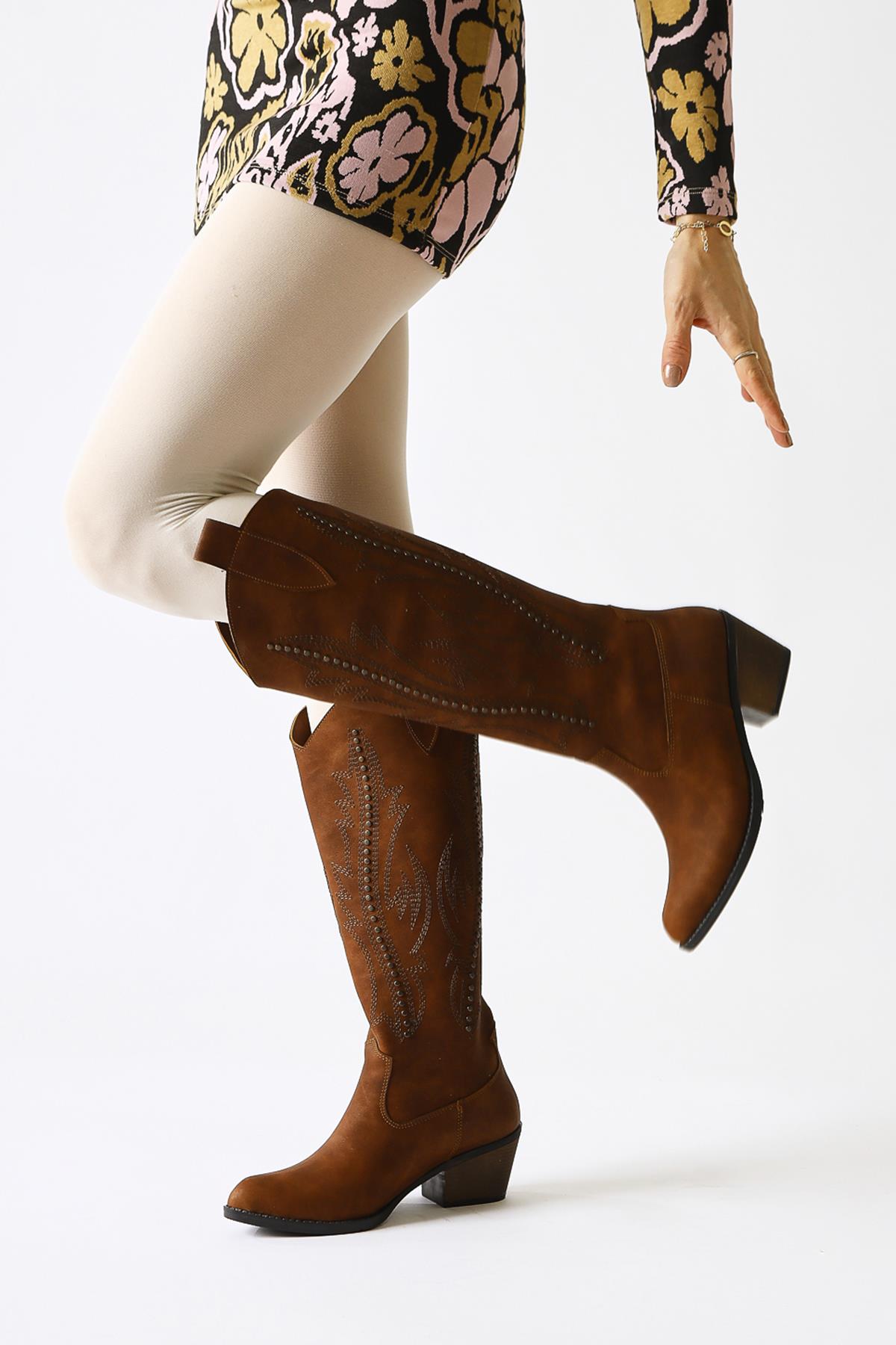 Fizaro Brown Pointed Toe Embroidered Stud Detailed Western Boots