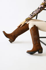 Fizaro Brown Pointed Toe Embroidered Stud Detailed Western Boots