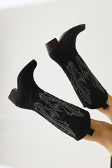 Fizaro Black Pointed Toe Embroidered Stud Detailed Western Boots