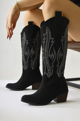 Fizaro Black Pointed Toe Embroidered Stud Detailed Western Boots