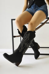 Fizaro Black Pointed Toe Embroidered Stud Detailed Western Boots