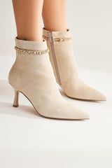 Fjola Beige Pointed Toe Chain Detail Suede Boots