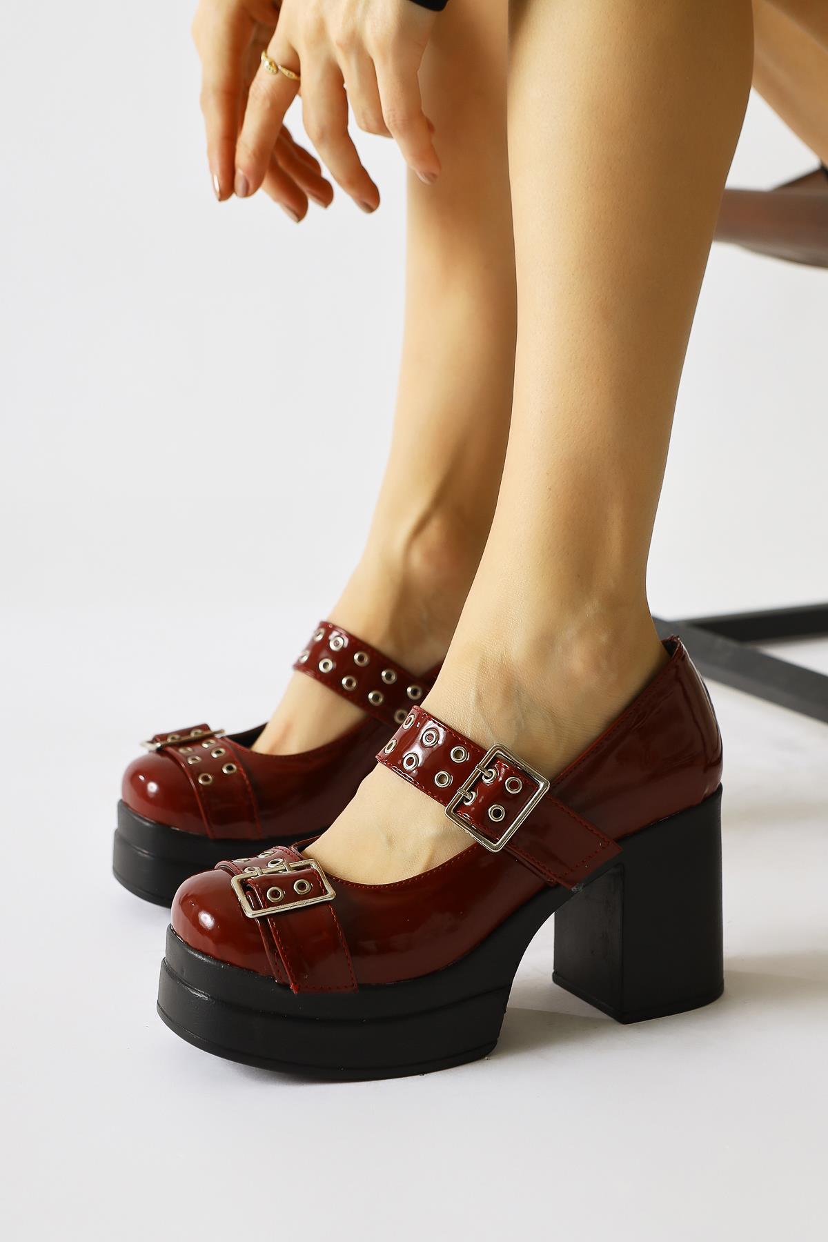 Florens Claret Red Patent Leather Double-Strap Buckle Detailed Platform Casual Shoes