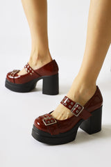 Florens Claret Red Patent Leather Double-Strap Buckle Detailed Platform Casual Shoes