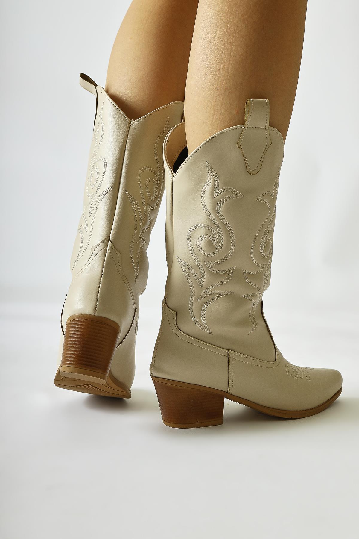 Floria Beige Embroidered Detailed Western Boots