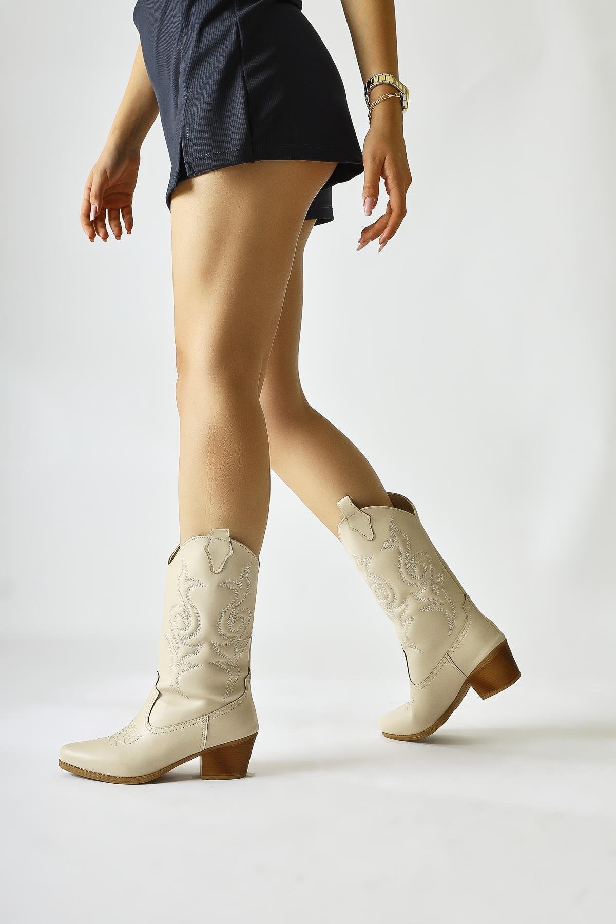 Floria Beige Embroidered Detailed Western Boots