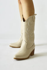 Floria Beige Embroidered Detailed Western Boots