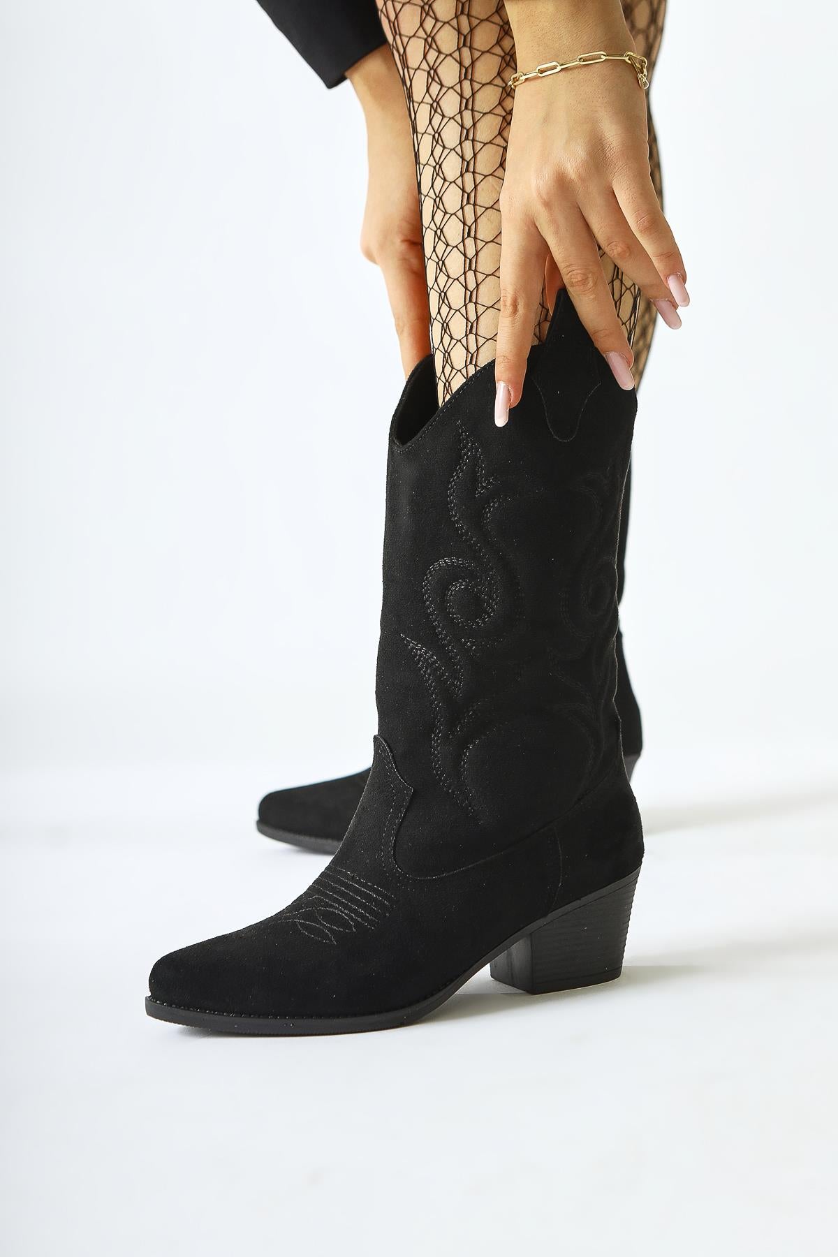 Floria Black Suede Embroidered Detailed Western Boots