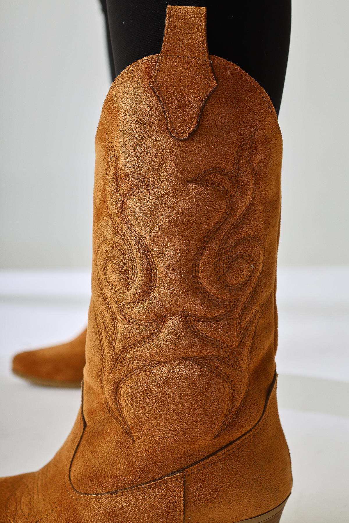 Floria Tan Suede Embroidered Detail Western Boots