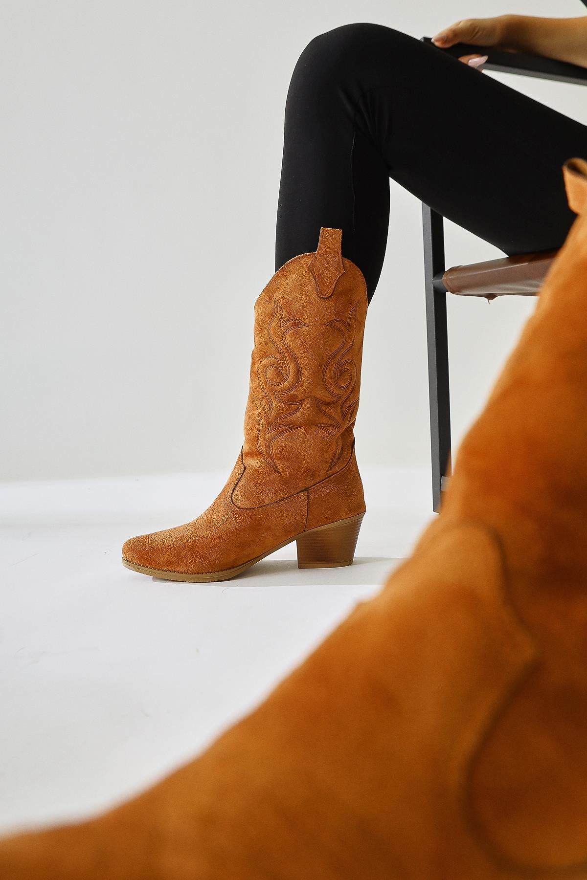 Floria Tan Suede Embroidered Detail Western Boots