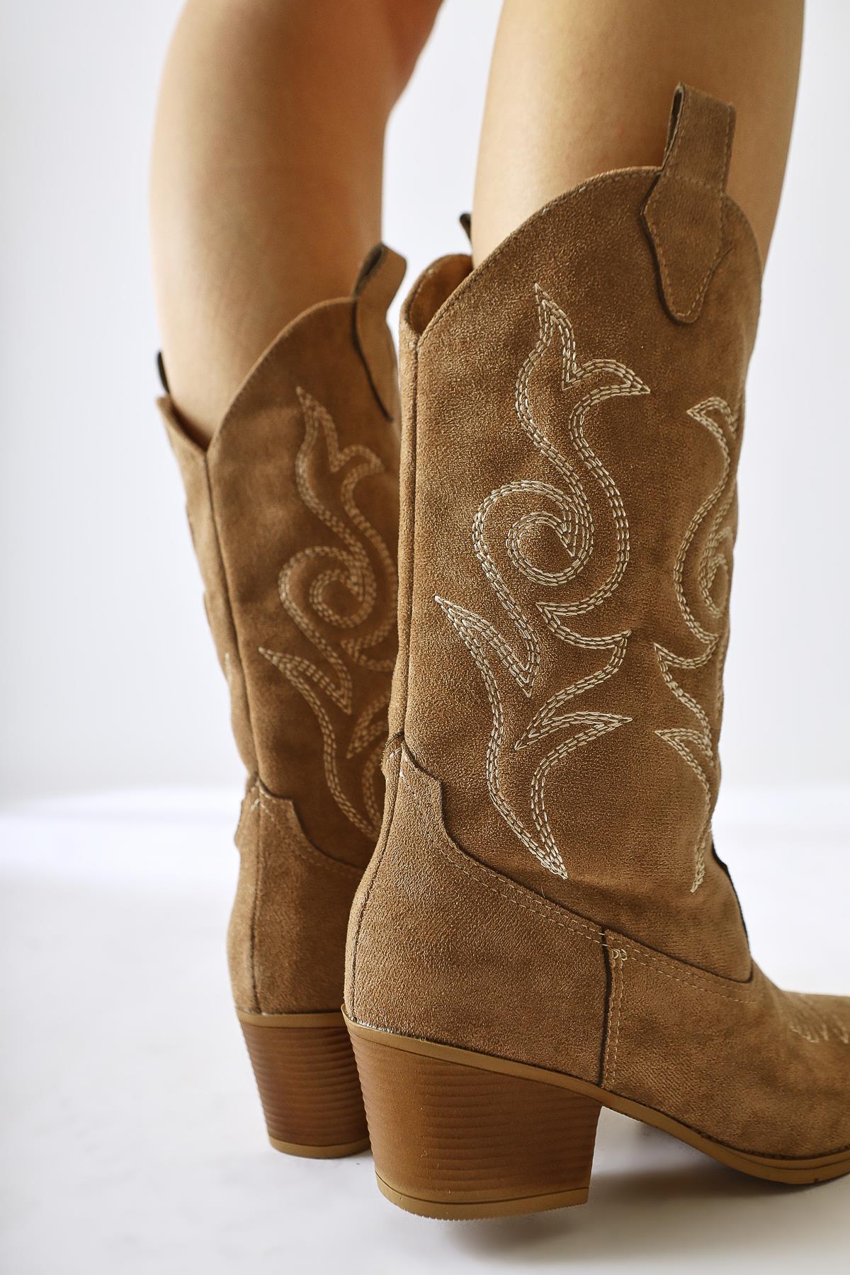 Floria Mink Suede Embroidered Detailed Western Boots