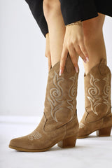 Floria Mink Suede Embroidered Detailed Western Boots