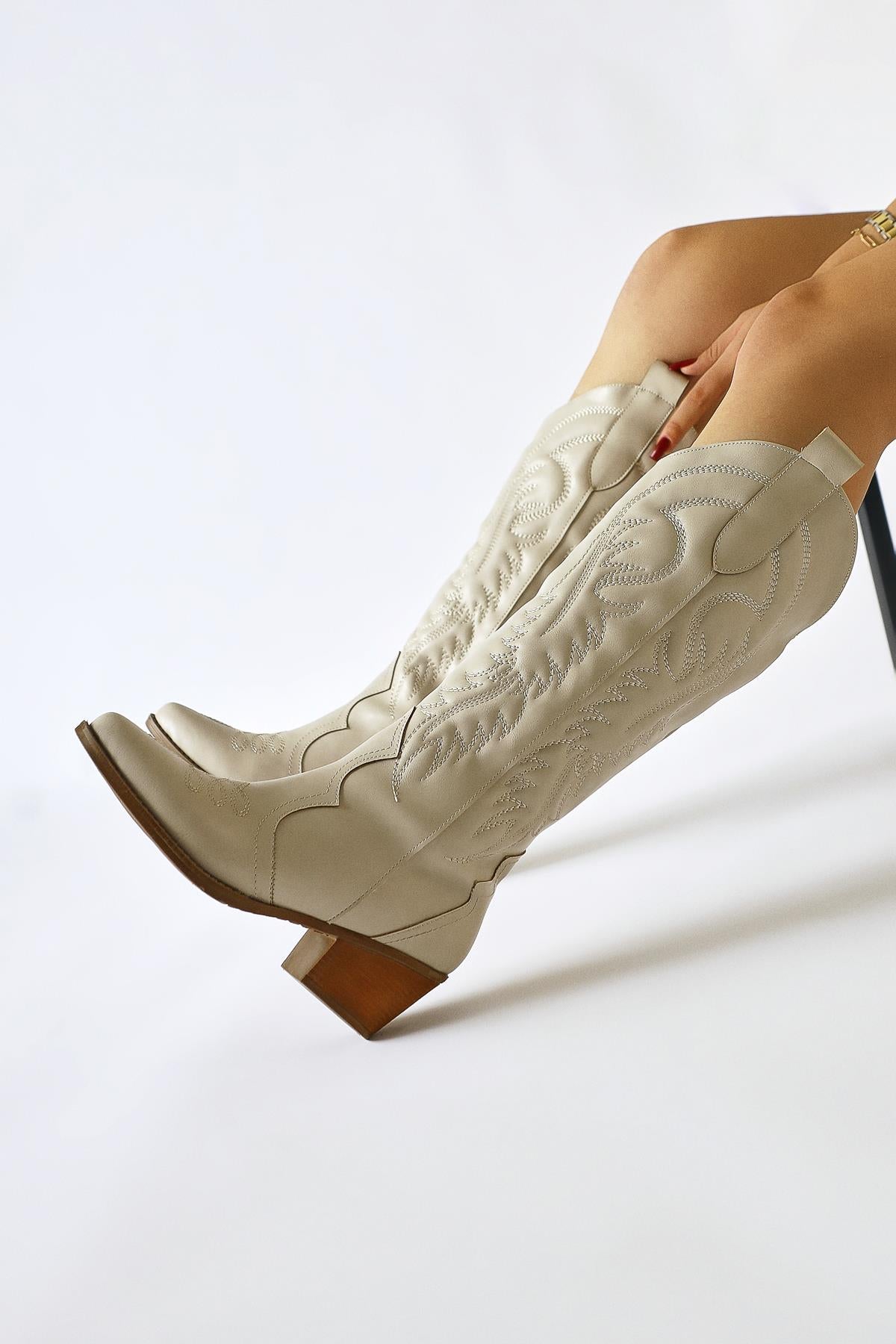 Florida Beige Embroidered Detail Pointed Toe Western Boots