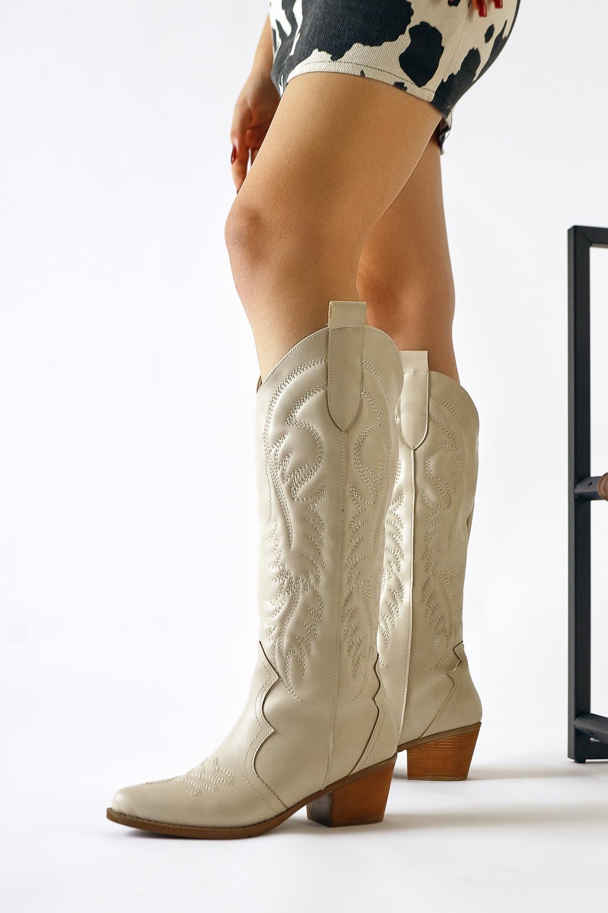 Florida Beige Embroidered Detail Pointed Toe Western Boots