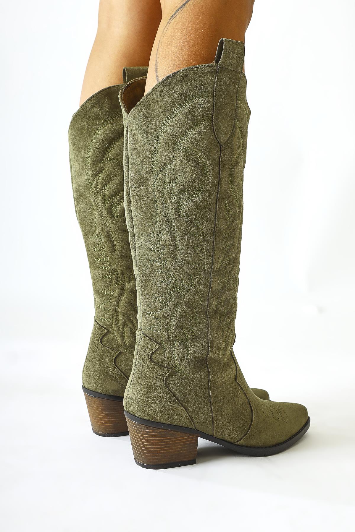 Florida Khaki Suede Embroidered Pointed Toe Western Boots