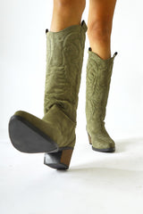 Florida Khaki Suede Embroidered Pointed Toe Western Boots