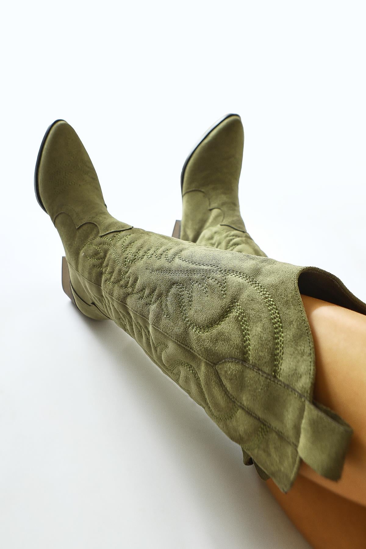 Florida Khaki Suede Embroidered Pointed Toe Western Boots