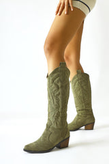 Florida Khaki Suede Embroidered Pointed Toe Western Boots