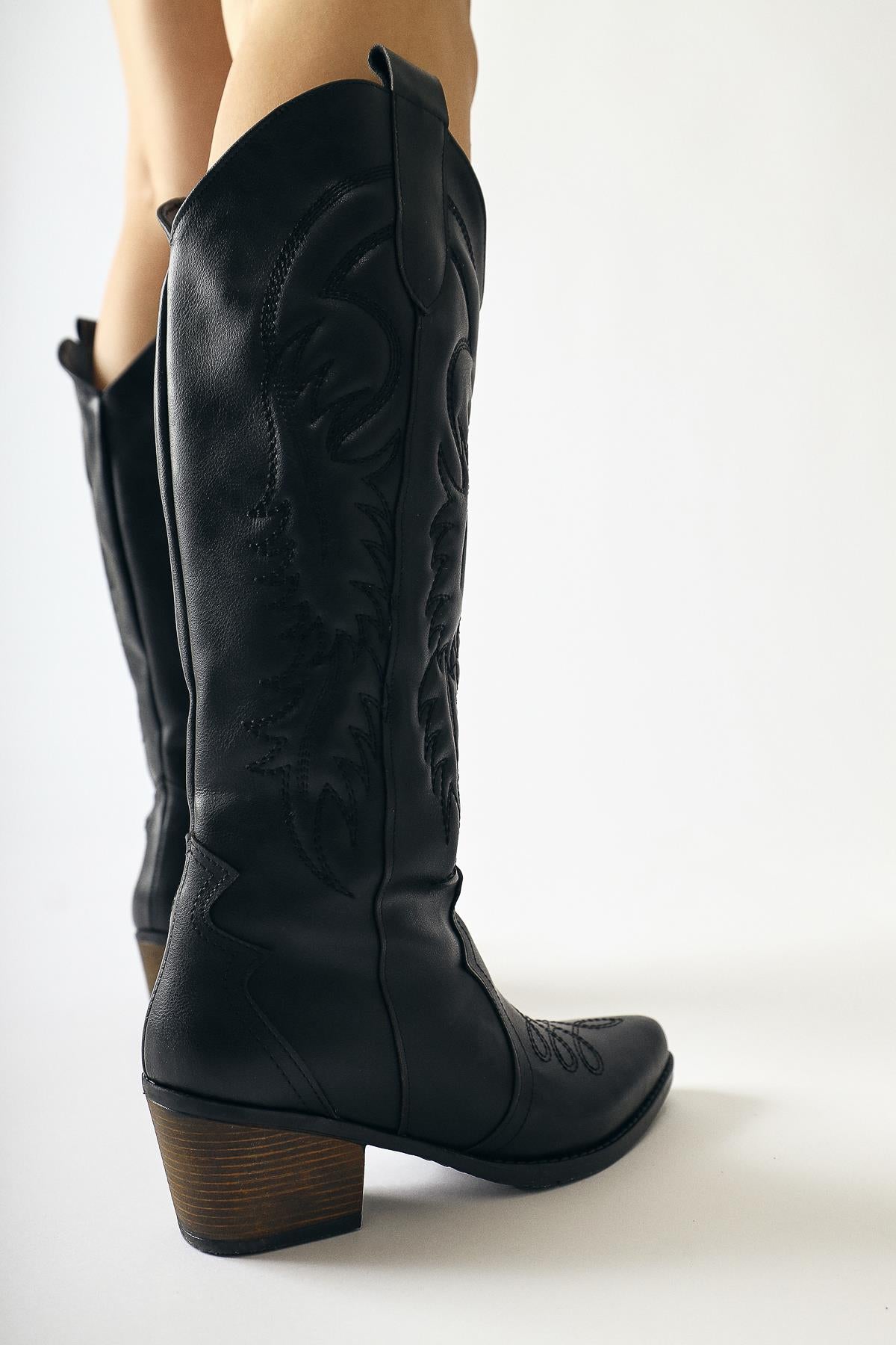 Florida Black Embroidered Detail Pointed Toe Western Boots