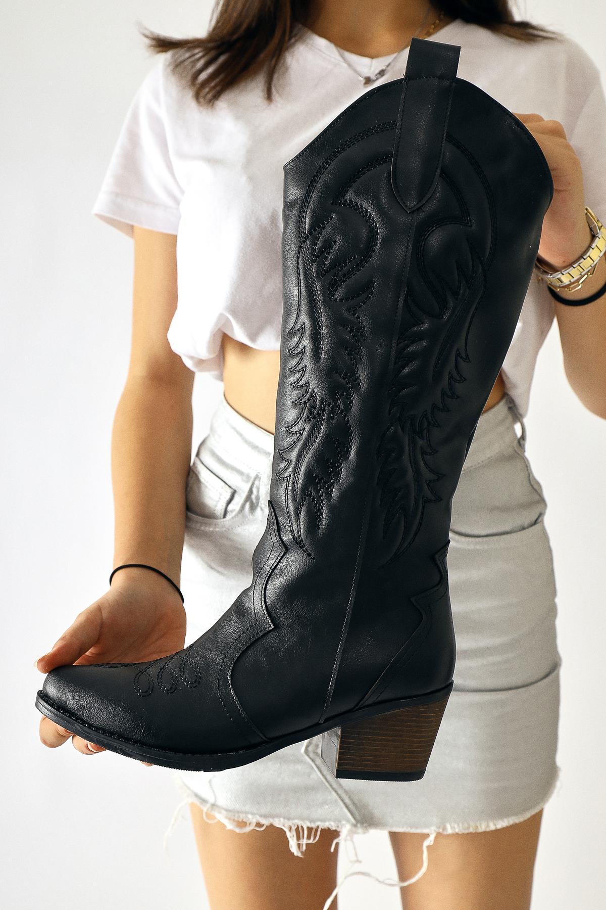 Florida Black Embroidered Detail Pointed Toe Western Boots