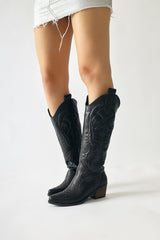 Florida Black Embroidered Detail Pointed Toe Western Boots