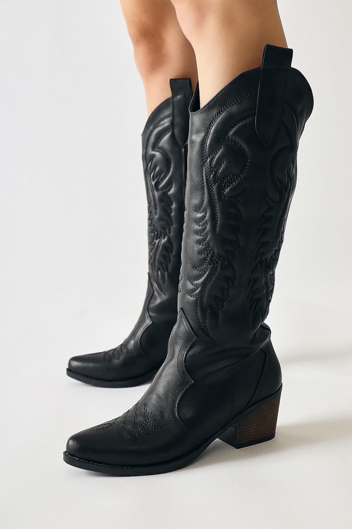 Florida Black Embroidered Detail Pointed Toe Western Boots