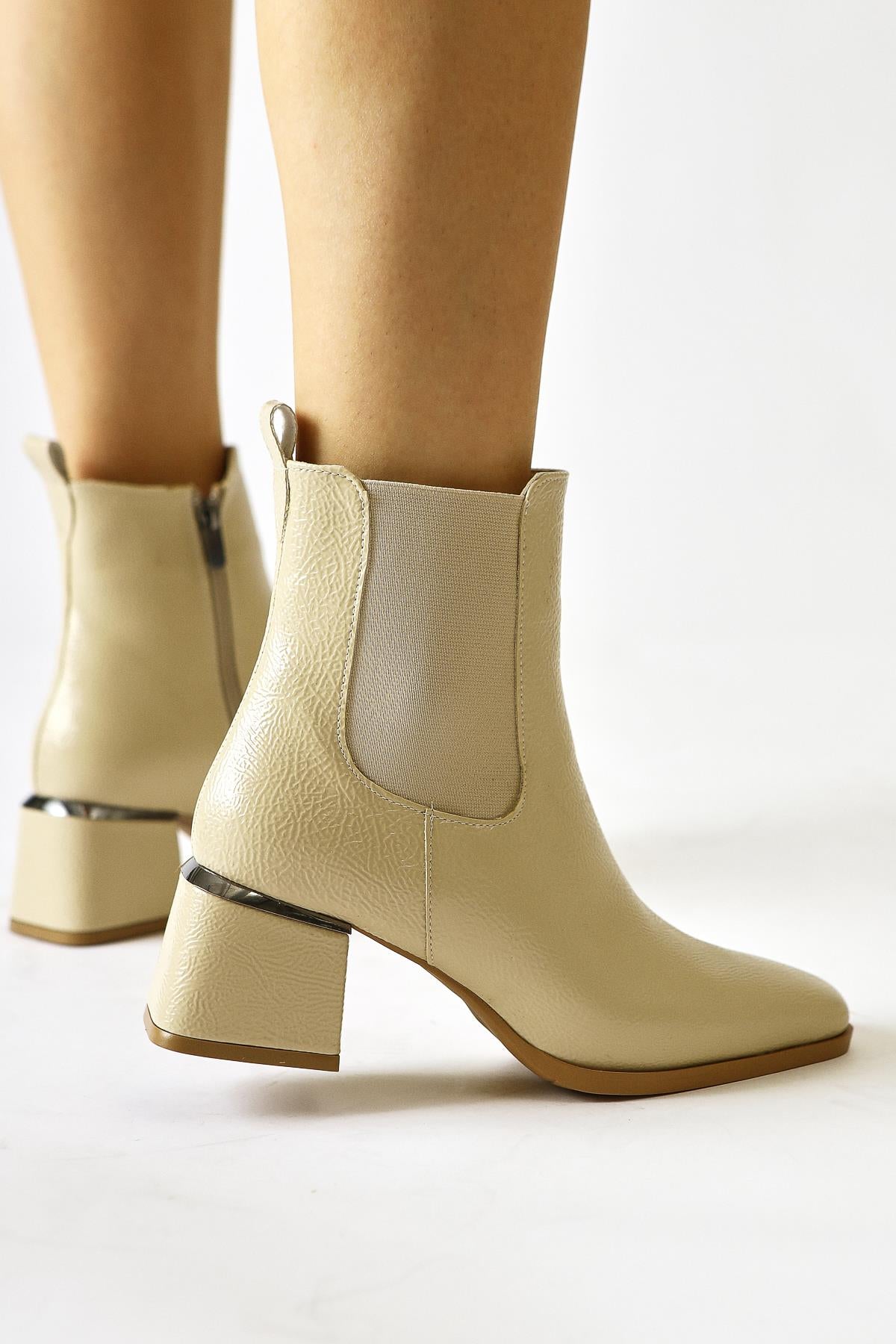 Galya Beige Wrinkled Patent Leather Low Heeled Pull-On Boots