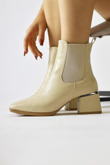 Galya Beige Wrinkled Patent Leather Low Heeled Pull-On Boots