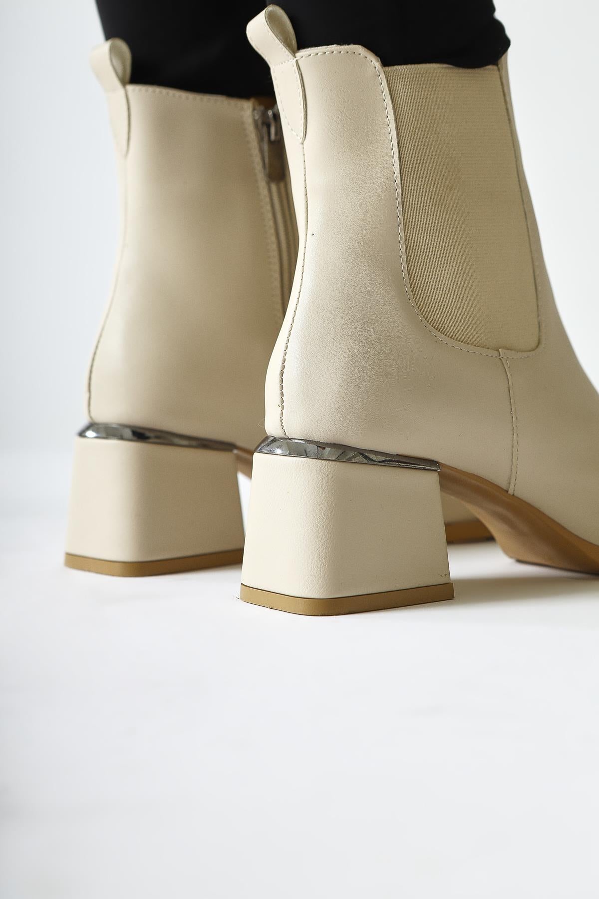 Galya Beige Low Heeled Pull-On Boots