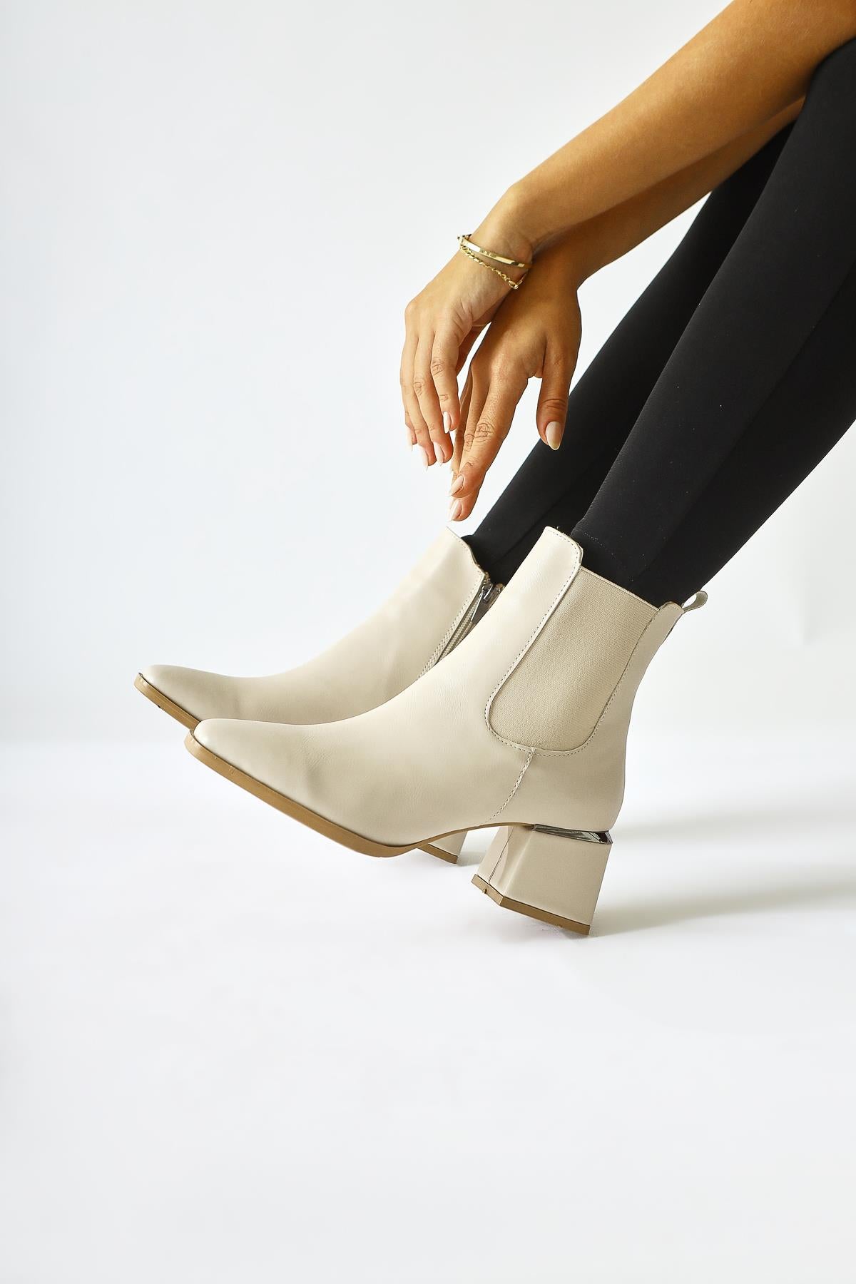 Galya Beige Low Heeled Pull-On Boots