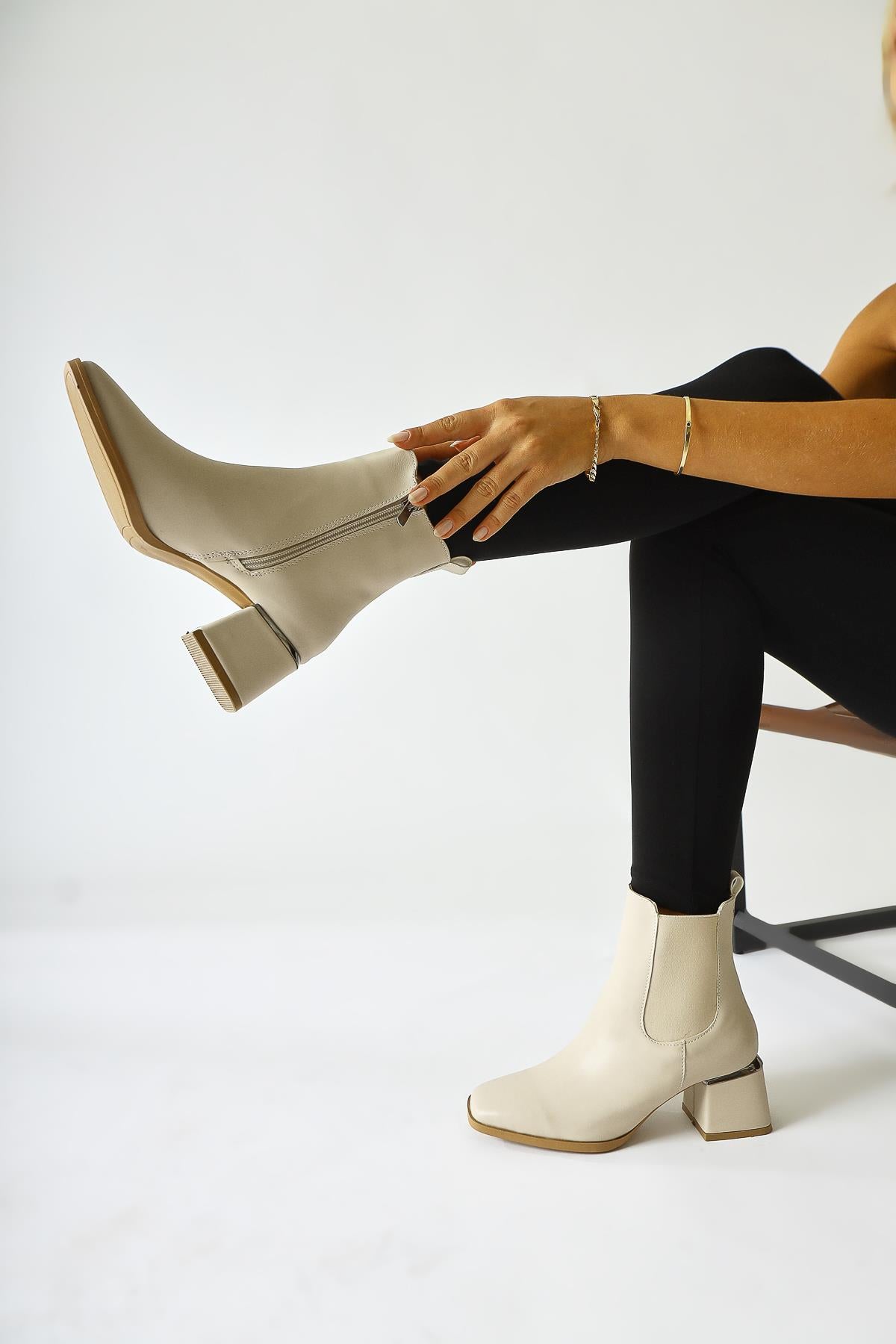 Galya Beige Low Heeled Pull-On Boots