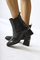 Galya Black Patent Leather Low Heeled Pull-On Boots