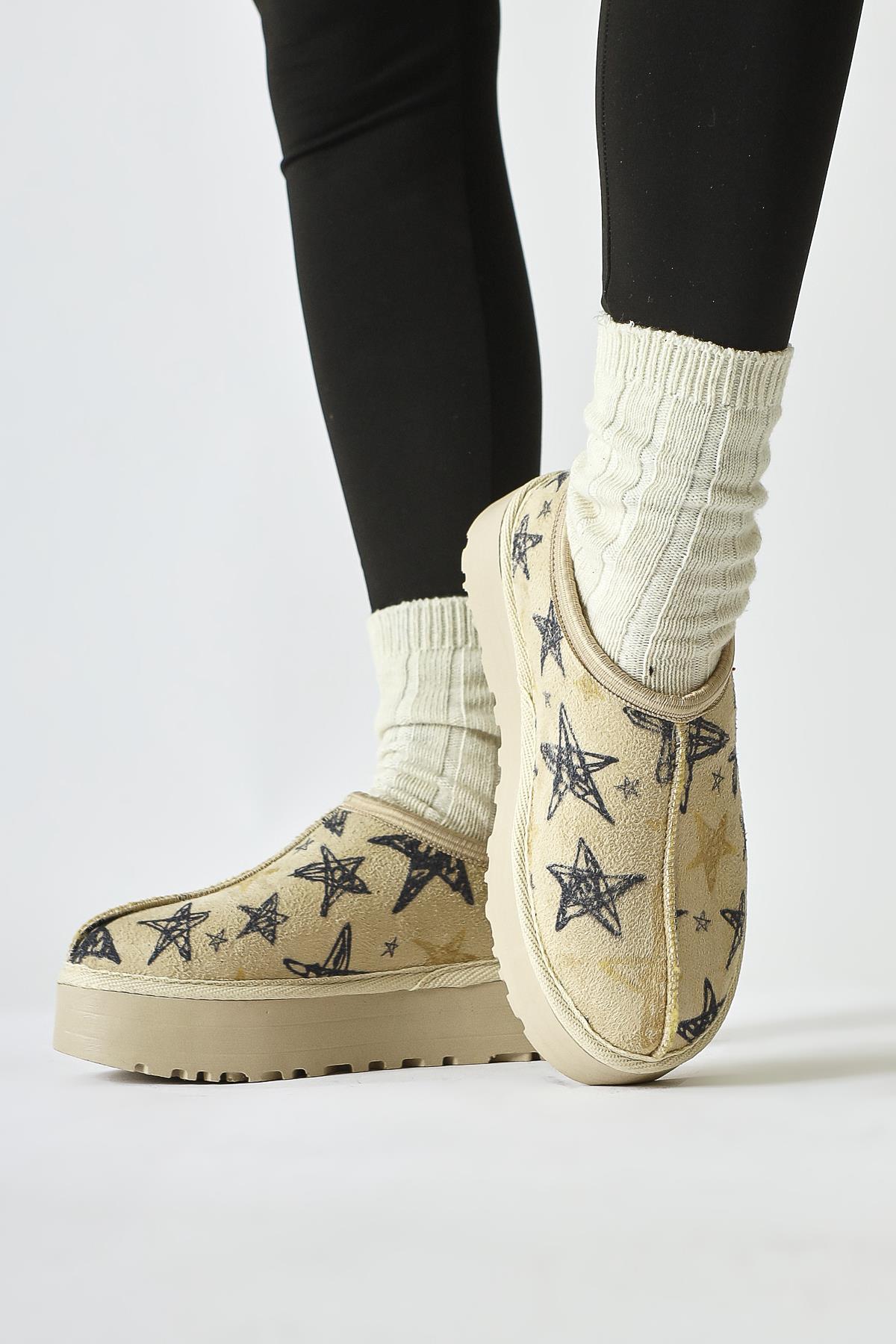 Gamila Beige Suede Star Patterned Fur Lined Short Boots