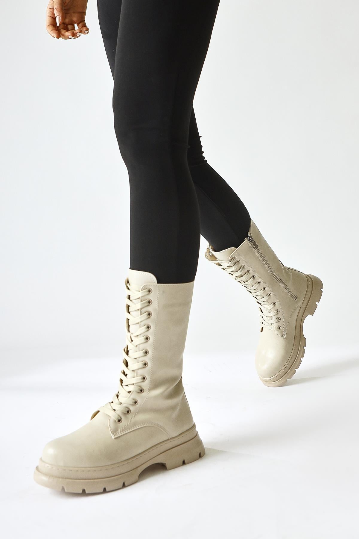 Gennet Beige Laced Long Boots