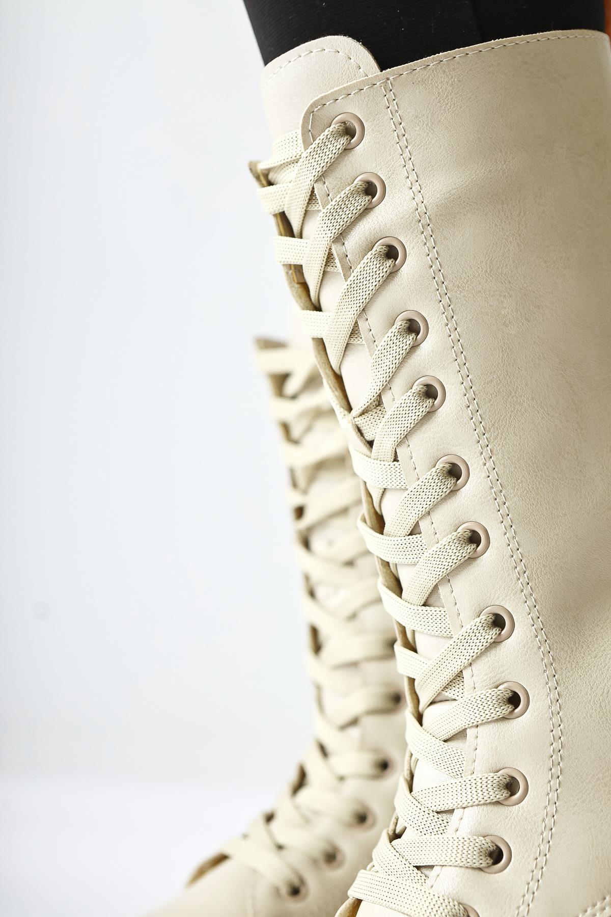 Gennet Beige Laced Long Boots