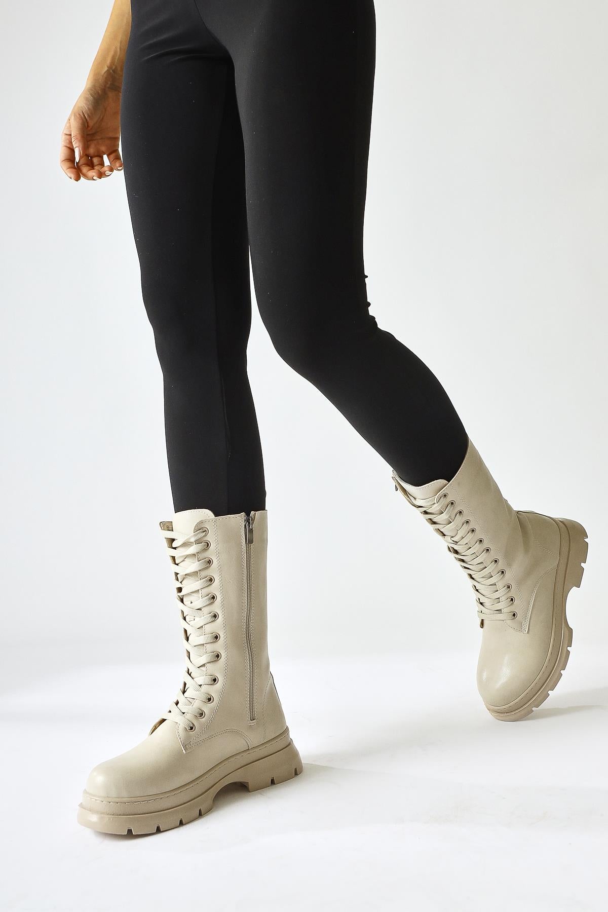 Gennet Beige Laced Long Boots