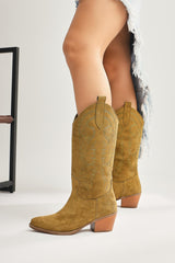 Germaine Khaki Suede Embroidered Cowboy Boots