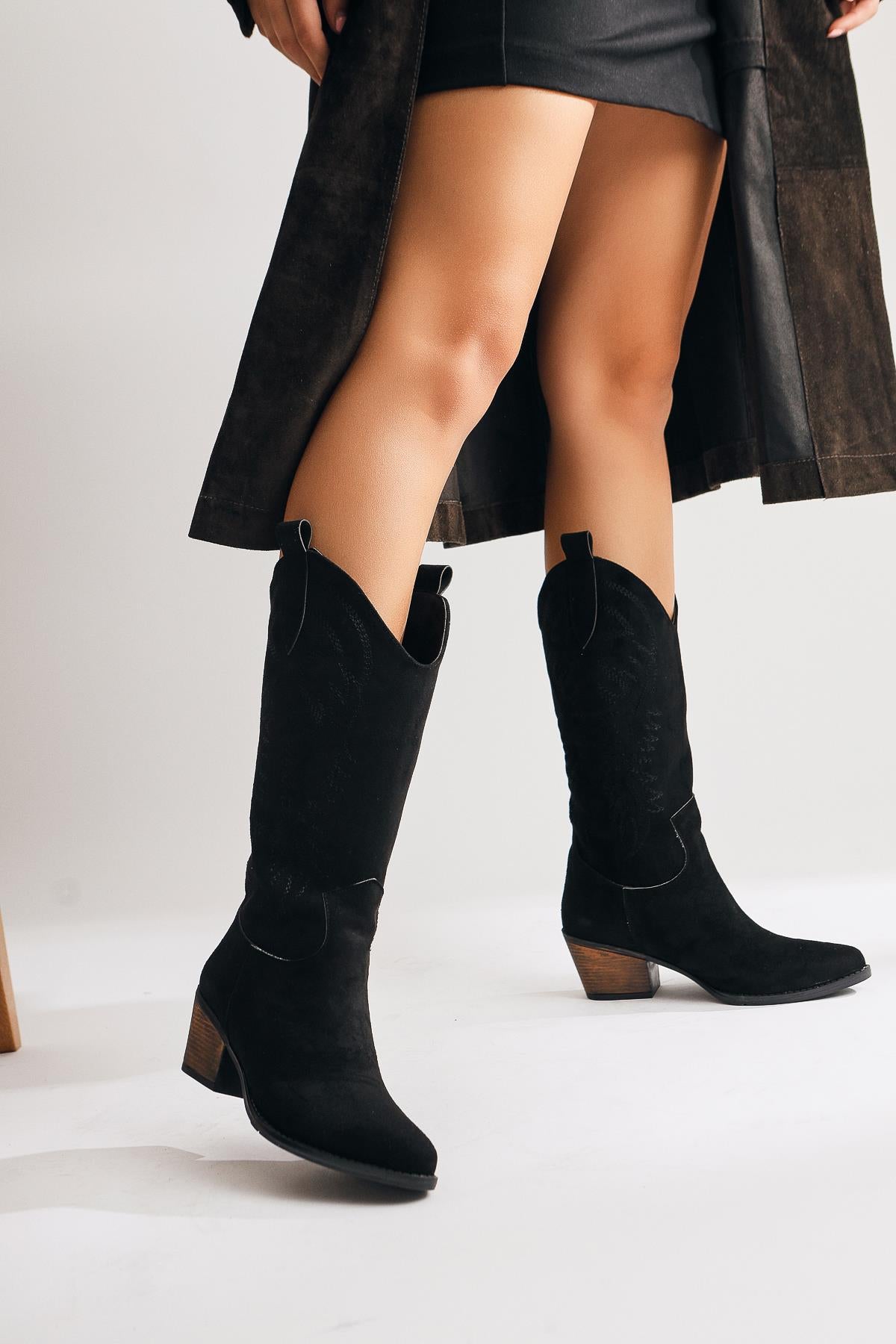 Germaine Black Suede Embroidered Cowboy Boots