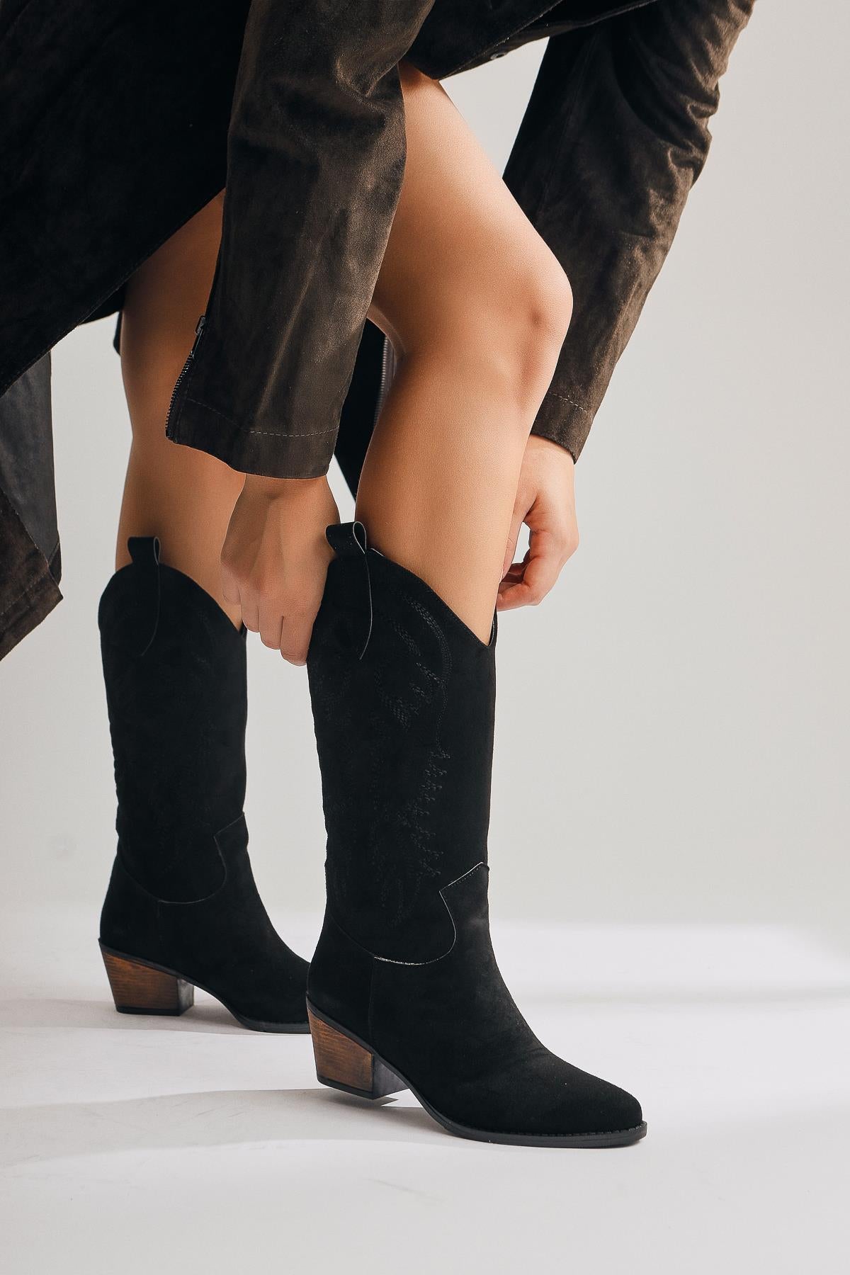 Germaine Black Suede Embroidered Cowboy Boots