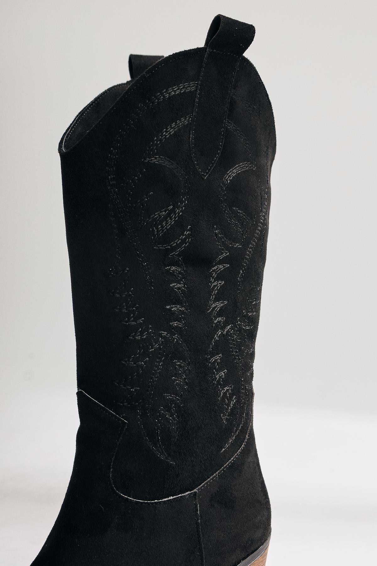 Germaine Black Suede Embroidered Cowboy Boots