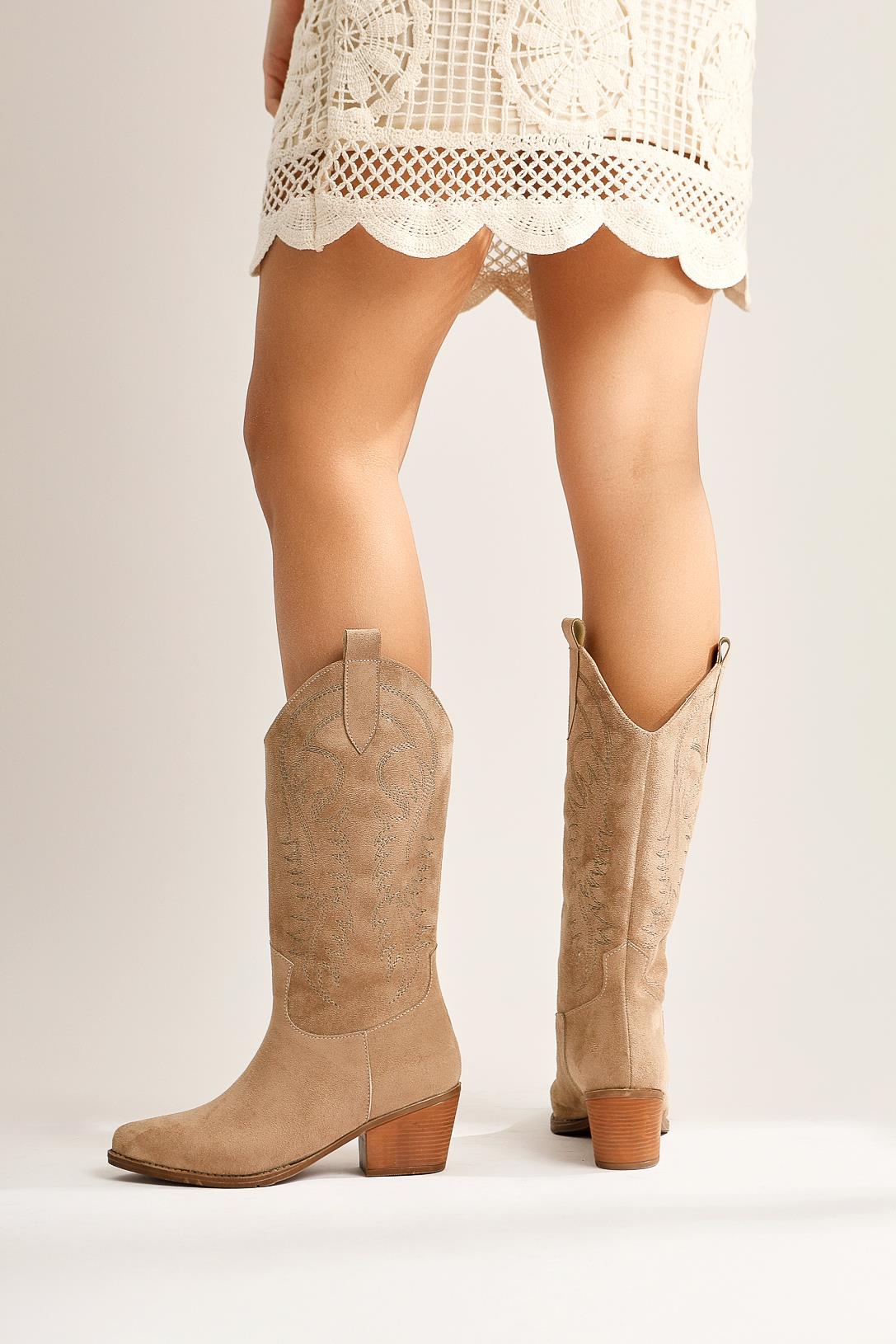 Germaine Mink Suede Embroidered Cowboy Boots