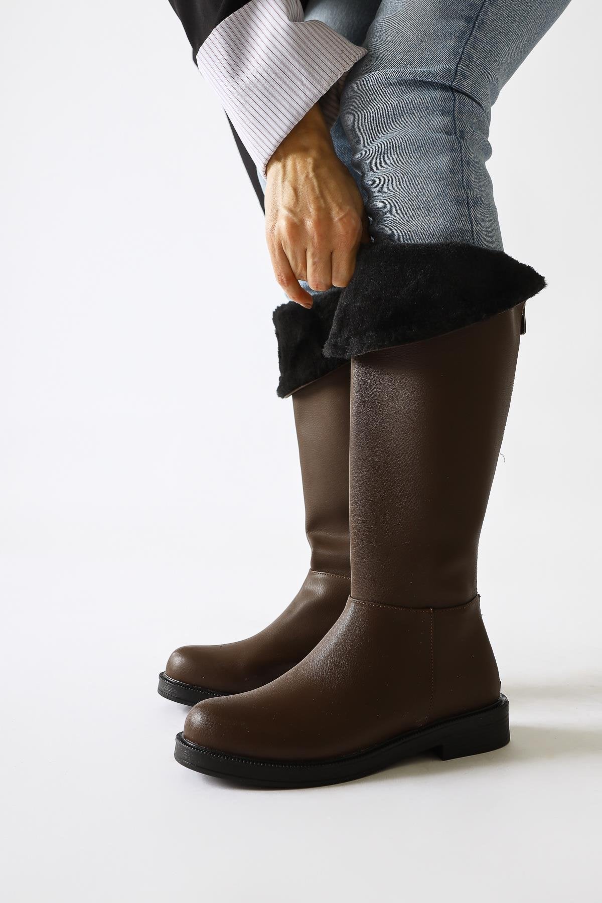 Gigi Brown Furry Foldable Back Zipper Boots