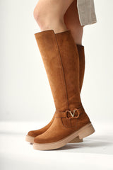 Ginan Brown Suede Buckle Detailed Low Heel Zippered Boots