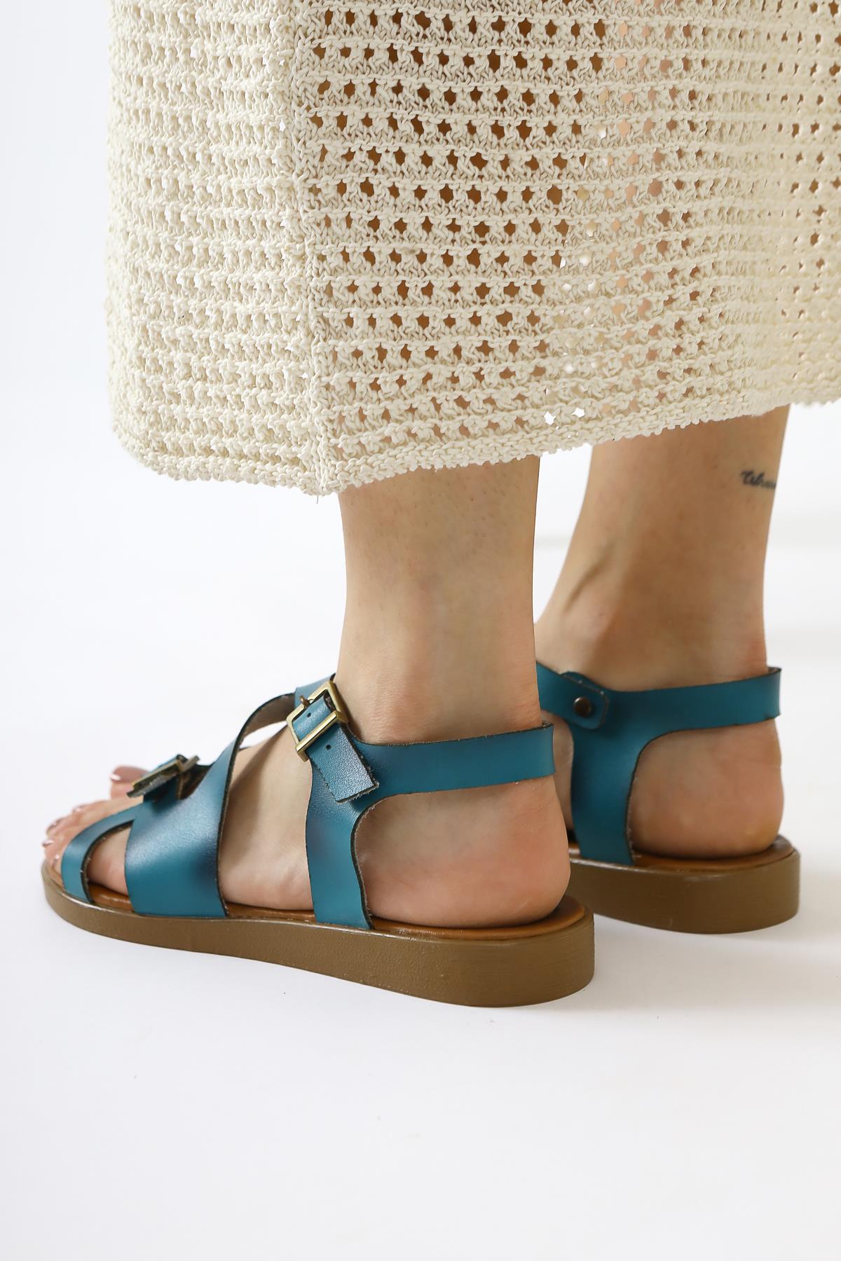 Genuine Leather Belize Turquoise Cross-Strap Sandals