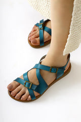 Genuine Leather Belize Turquoise Cross-Strap Sandals